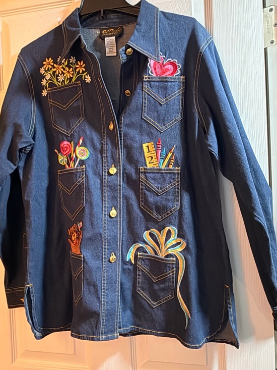 Bob Mackie Jackets & Blazers - Lot2 SZ MED Bob Mackie Wearable Art Dark Denim Shirt Jacket Embroidered & Hat